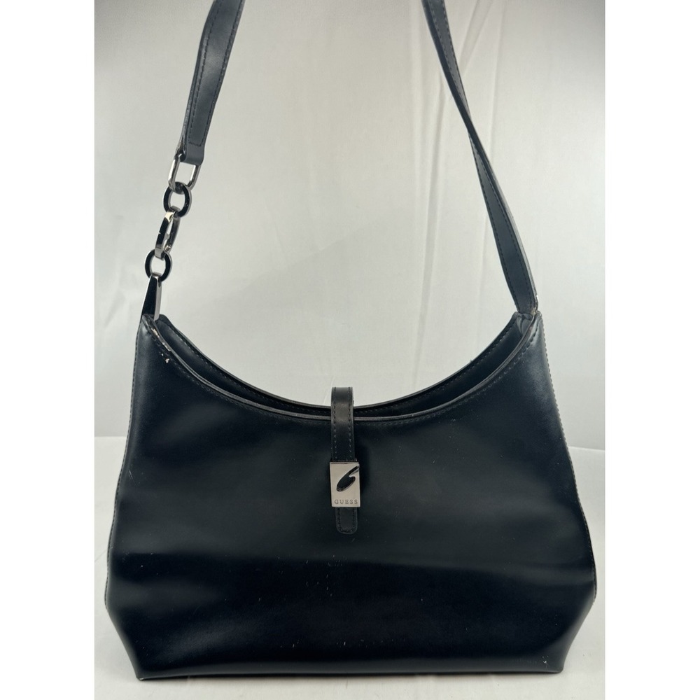 Vintage Y2K GUESS Patent Leather Shoulder Bag Black Snap Button Purse 2000s GC